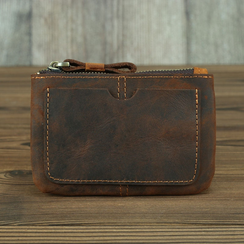 Cael Leather Coin Purse handcrafted from premium full-grain crazy horse leather with YKK zipper and key ring attachment