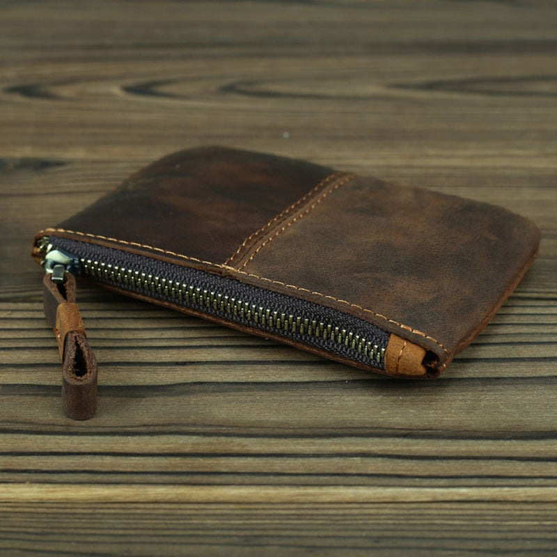 Handmade Cael Leather Coin Purse in rustic full-grain crazy horse leather with YKK zipper and key ring loop