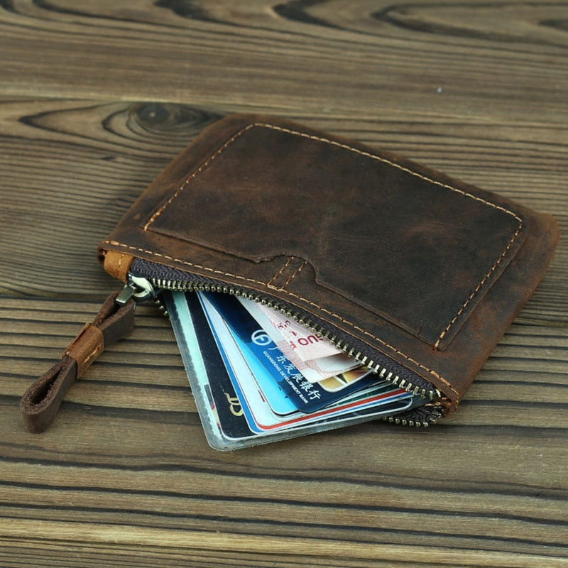 Cael Leather Coin Purse handcrafted from full-grain crazy horse leather with YKK zipper and key ring attachment