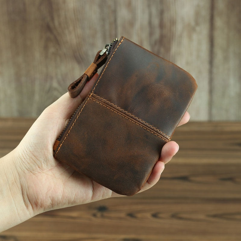 Cael Leather Coin Purse handcrafted from full-grain crazy horse leather with YKK zipper and key ring attachment