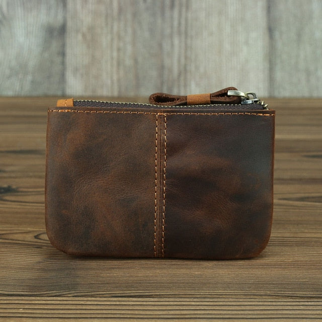 Handmade Cael Leather Coin Purse in rustic full-grain crazy horse leather with YKK zipper and hand-stitched detailing