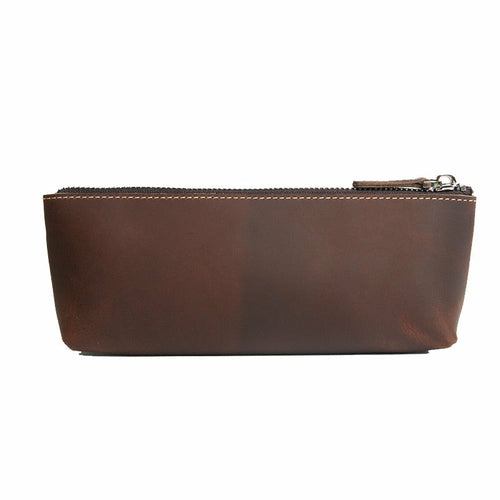 Handmade leather makeup bag in full-grain crazy horse leather with YKK zipper and sleek design