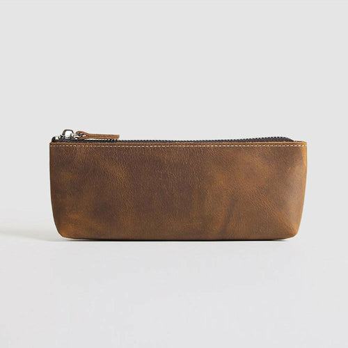 Handmade leather makeup bag in premium full-grain crazy horse leather with durable YKK zipper and sleek design