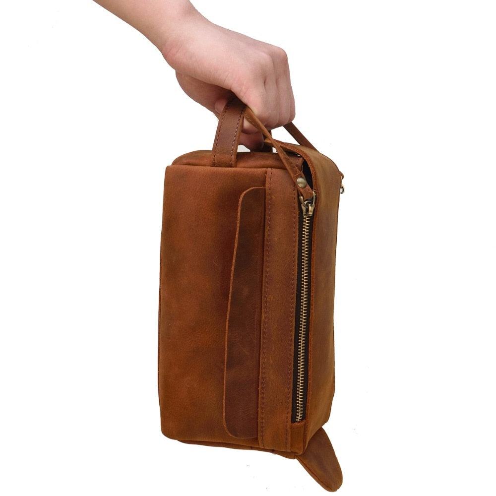 Dado Leather Dopp Kit handmade leather toiletry bag in Crazy Horse leather with multiple pockets for travel organization