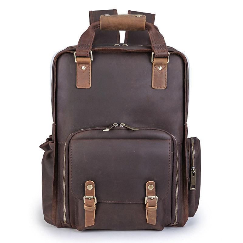 Gaetano large leather camera bag backpack made of full-grain crazy horse leather with padded straps and multiple compartments for camera gear and laptop