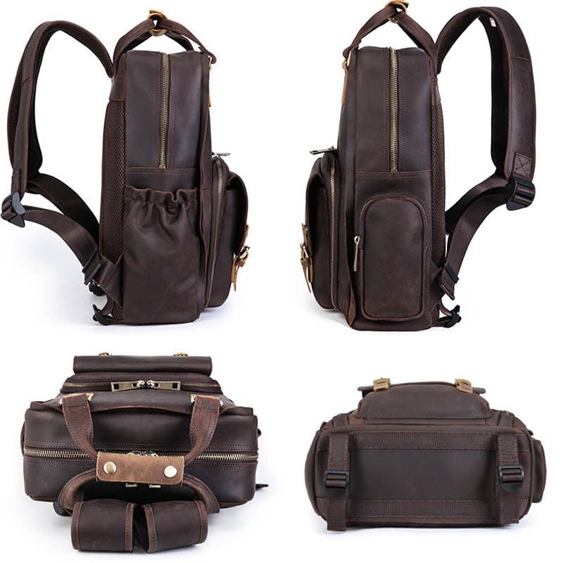 Large leather camera bag backpack made from premium full-grain crazy horse leather with padded straps and multiple compartments for camera gear and laptop.