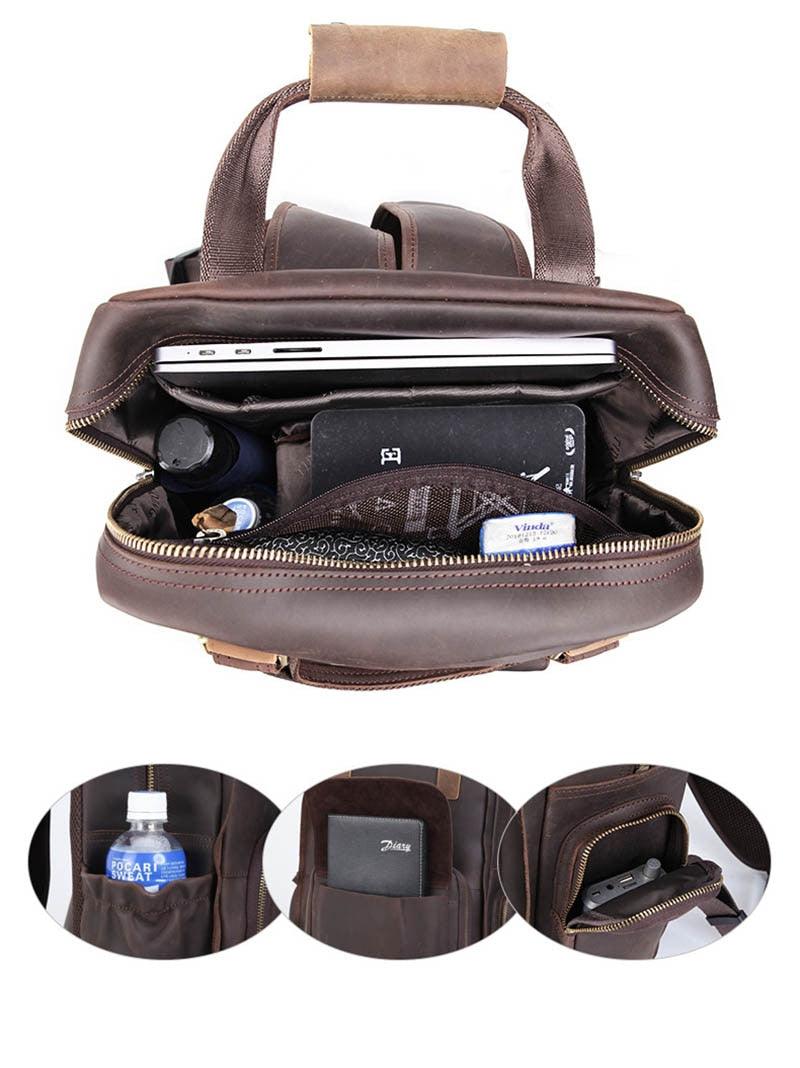 Large leather camera bag backpack made of full-grain crazy horse leather with padded straps and multiple compartments for camera gear and laptop