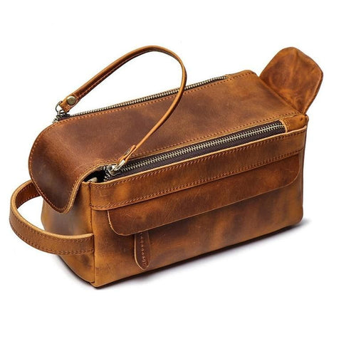 Dado Leather Dopp Kit made from durable Crazy Horse leather, compact and stylish handmade toiletry bag for travel organization