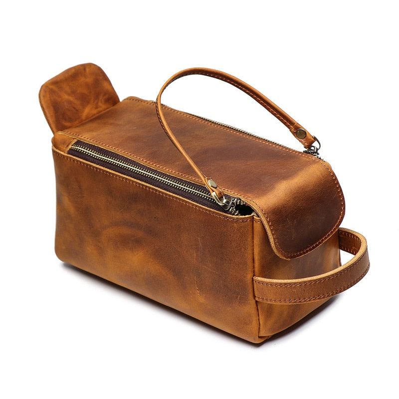 Dado Leather Dopp Kit handmade toiletry bag in durable Crazy Horse leather with organized compartments for travel essentials
