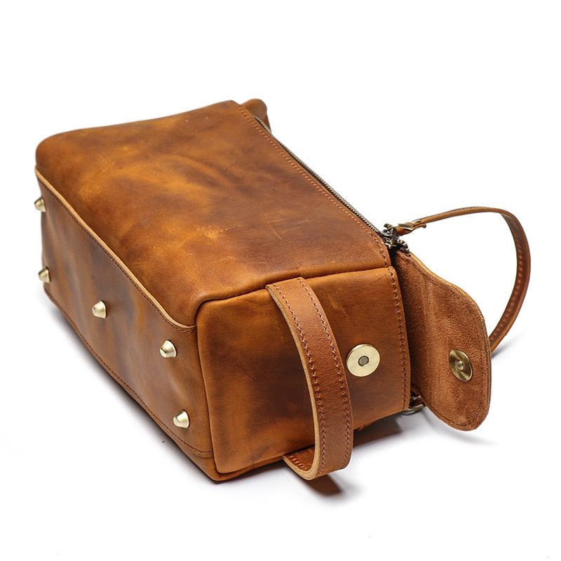 Handmade Dado Leather Dopp Kit toiletry bag in durable Crazy Horse leather with multiple pockets for travel essentials