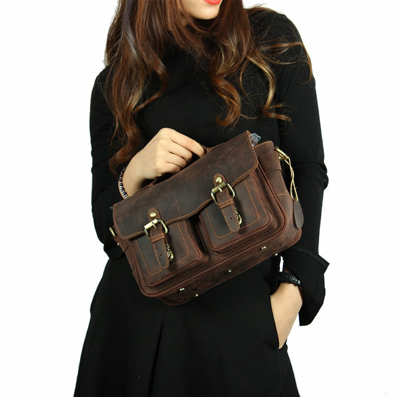 The Faust Leather Crossbody Messenger Bag in full-grain crazy horse leather, designed for cameras and everyday use
