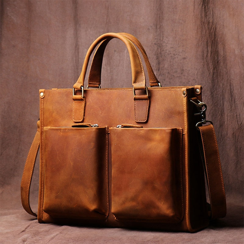 Dagmar Leather Briefcase vintage brown Crazy Horse leather messenger bag with multiple compartments and adjustable shoulder strap