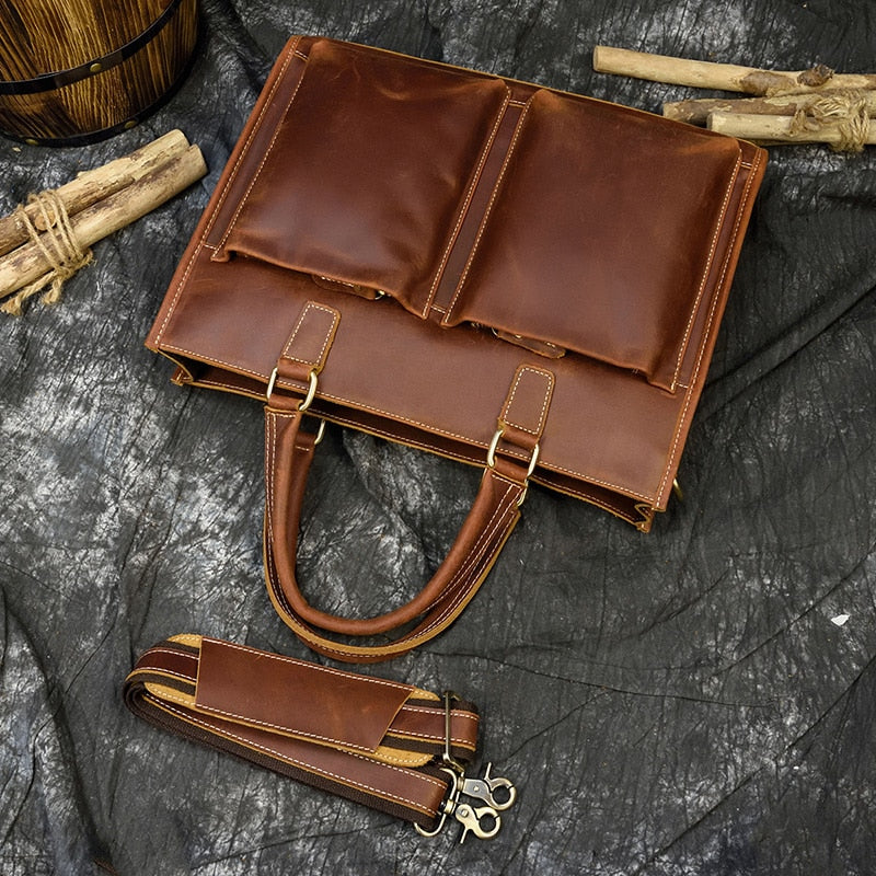 Vintage Dagmar Leather Briefcase in rich Crazy Horse leather with multiple compartments and adjustable shoulder strap