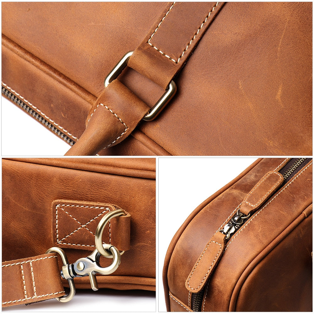 Vintage leather briefcase made from premium crazy horse leather with adjustable shoulder strap and roomy laptop compartment