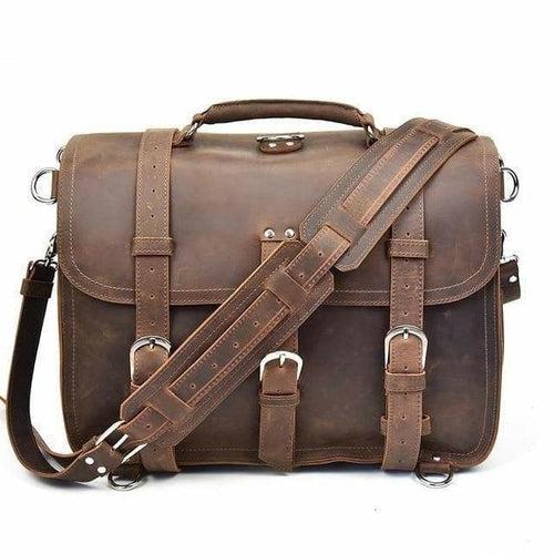 Gustav Vintage Leather Messenger Bag in premium crazy horse leather with multiple compartments and removable shoulder strap