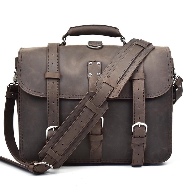 Gustav Vintage Leather Messenger Bag in premium crazy horse leather with adjustable shoulder strap and multiple compartments