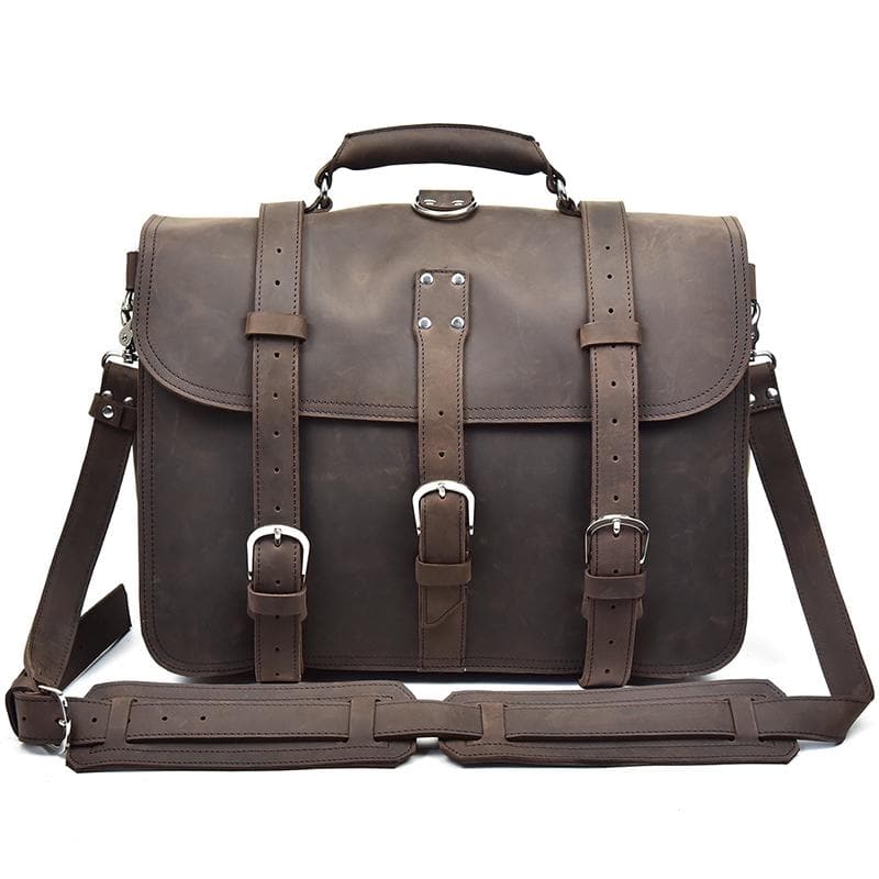 Gustav Vintage Leather Messenger Bag made from premium crazy horse leather with adjustable shoulder strap and secure buckle closure