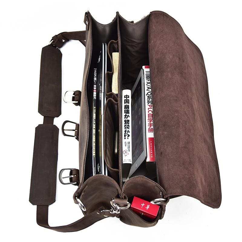 Gustav Vintage Leather Messenger Bag in premium crazy horse leather with multiple compartments and adjustable shoulder strap