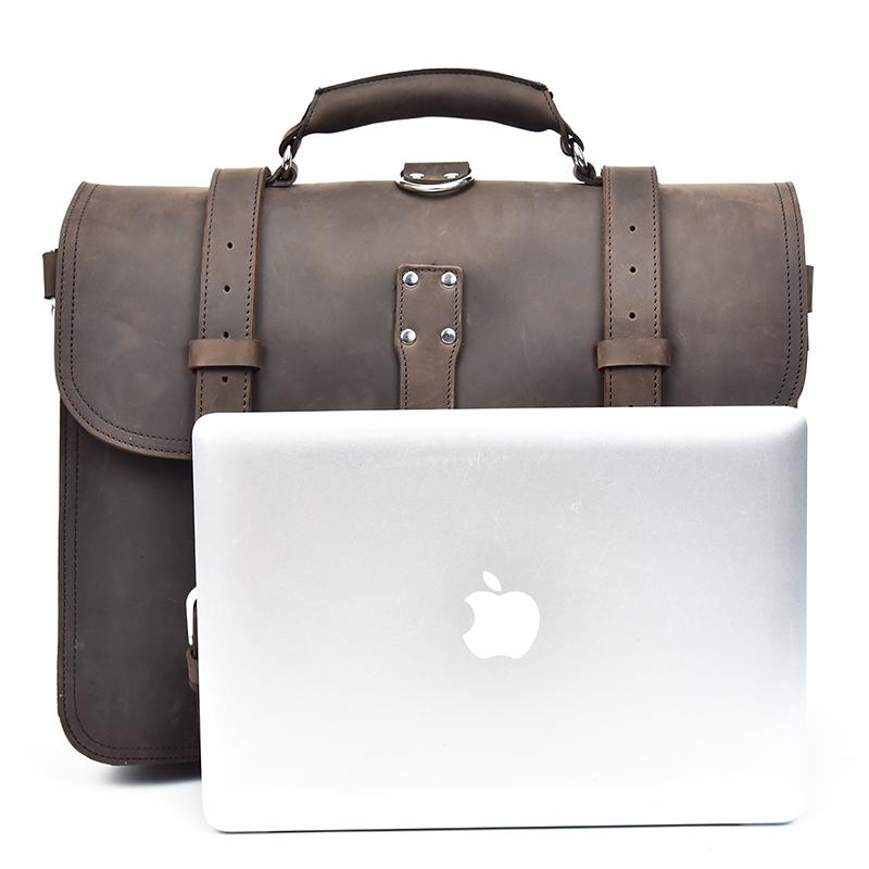 Gustav Vintage Leather Messenger Bag in premium crazy horse leather with multiple compartments and adjustable strap