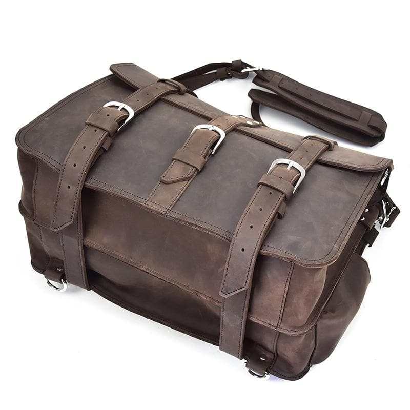 Gustav Vintage Leather Messenger Bag in premium crazy horse leather with dual compartments and removable shoulder strap