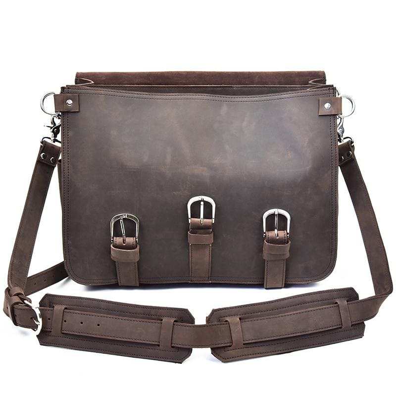 Gustav Vintage Leather Messenger Bag in premium crazy horse leather with adjustable shoulder strap and multiple compartments for laptops up to 15 inches