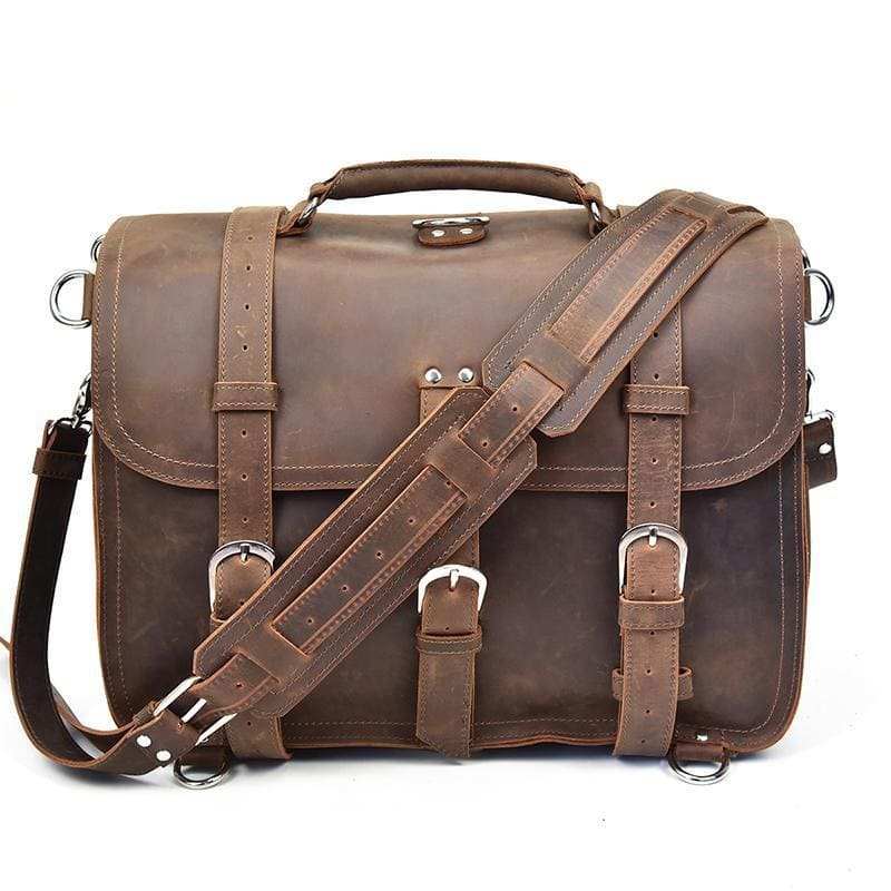Gustav Vintage Leather Messenger Bag in premium crazy horse leather with adjustable shoulder strap and multiple compartments