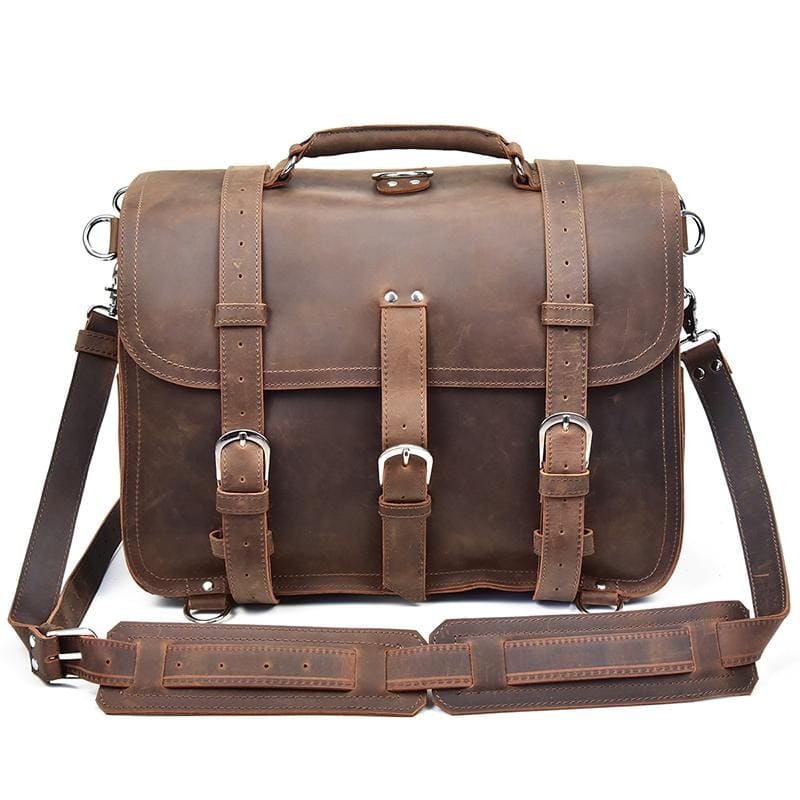 Gustav Vintage Leather Messenger Bag in premium crazy horse leather with adjustable shoulder strap and secure buckle closure