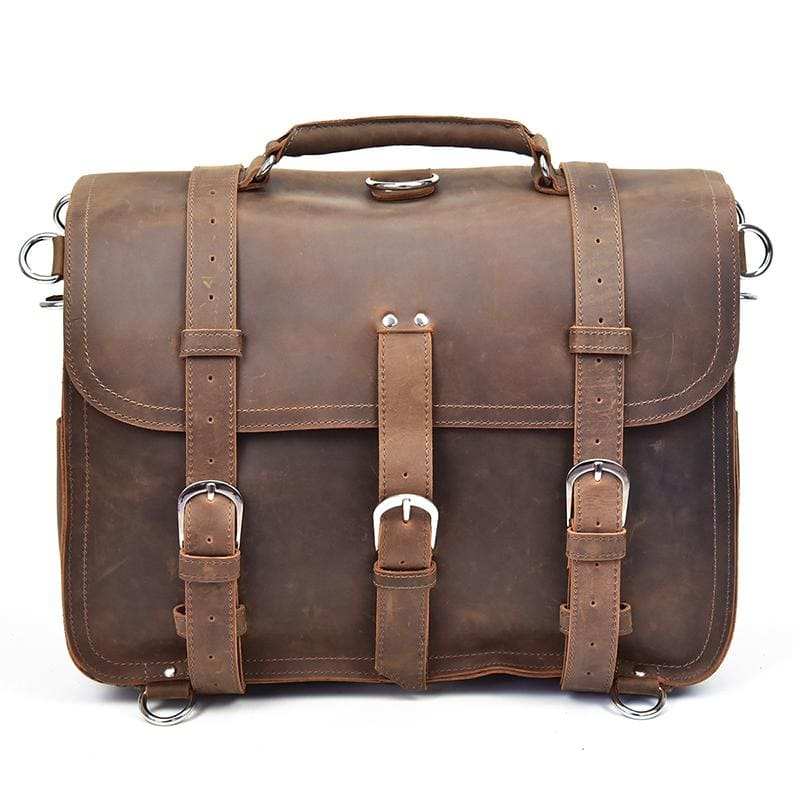 Gustav Vintage Leather Messenger Bag in premium crazy horse leather with adjustable strap and multiple compartments