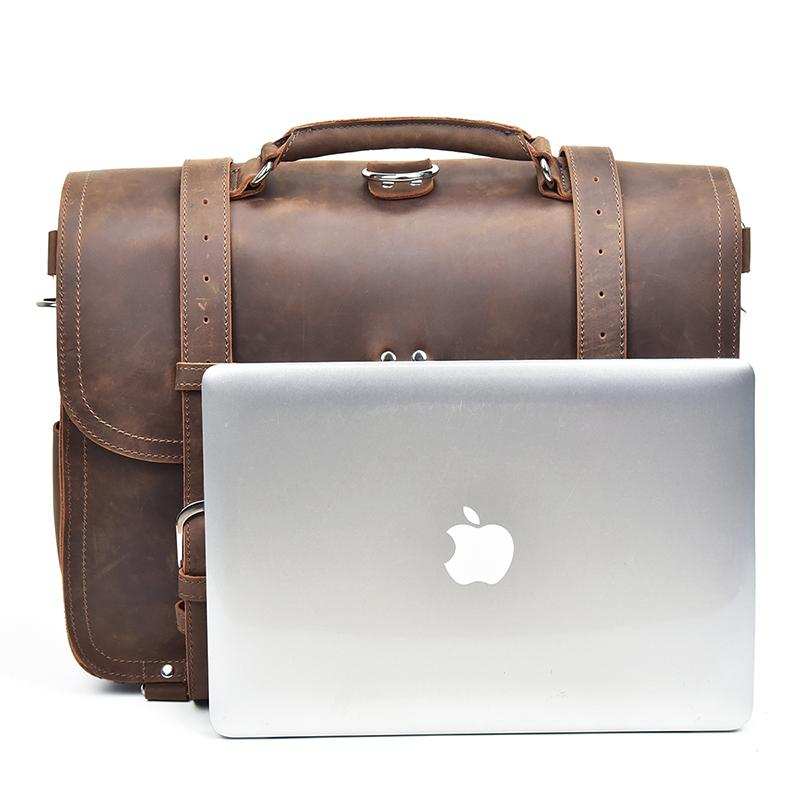 Gustav Vintage Leather Messenger Bag in premium crazy horse leather with adjustable shoulder strap and multiple compartments