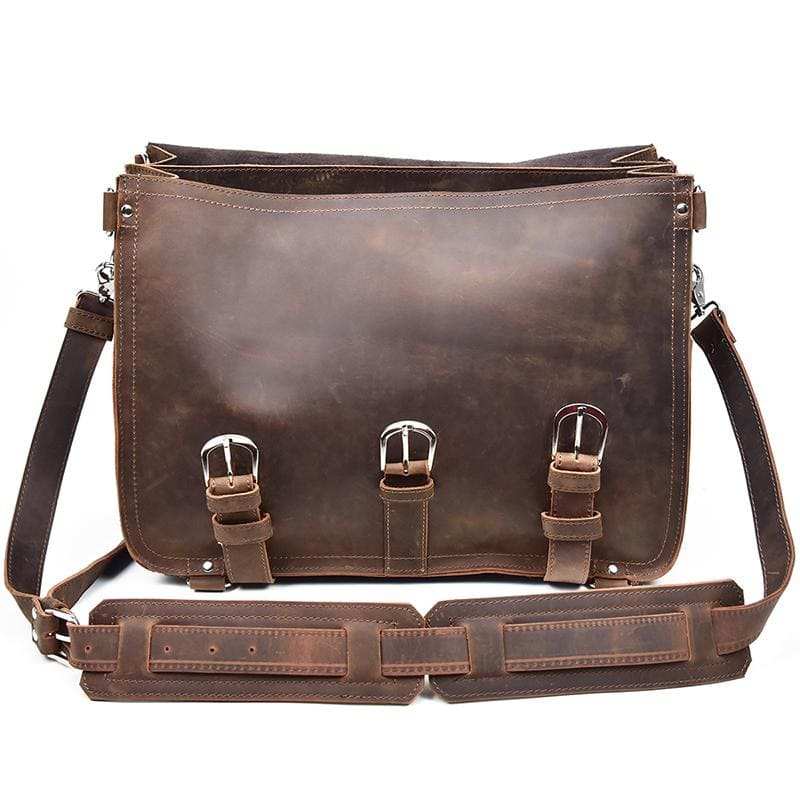 Gustav Vintage Leather Messenger Bag in premium crazy horse leather with adjustable shoulder strap and multiple compartments