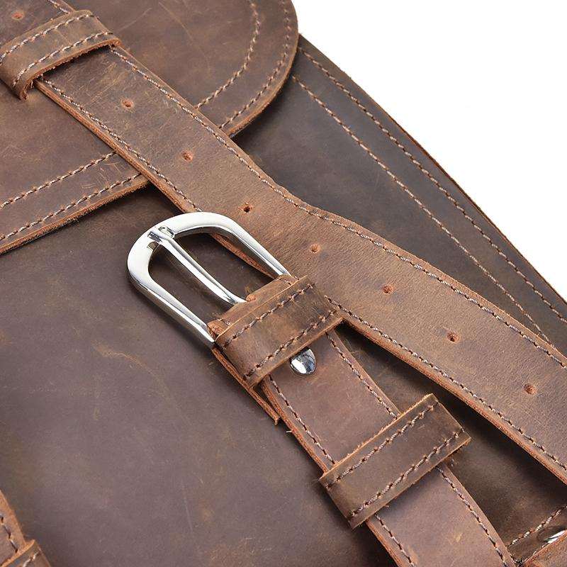 Gustav Vintage Leather Messenger Bag made of premium crazy horse leather with adjustable shoulder strap and secure buckle closure