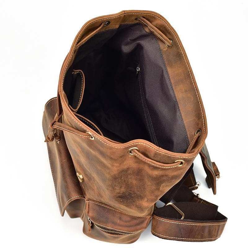 Hagen Vintage Genuine Leather Backpack made of premium crazy horse leather with front magnetic pocket and adjustable straps.