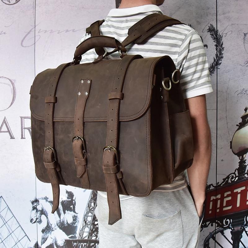 Gustav Vintage Leather Messenger Bag made from premium crazy horse leather with adjustable shoulder strap and multiple compartments
