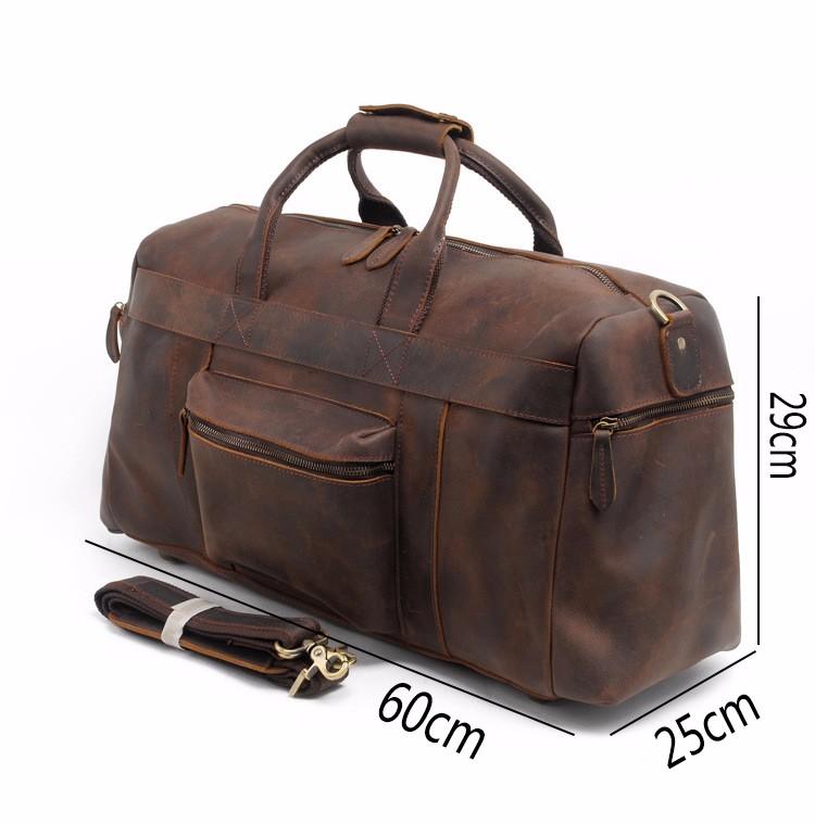 Handcrafted leather duffle bag weekender in vintage crazy horse leather with cotton lining and multiple pockets
