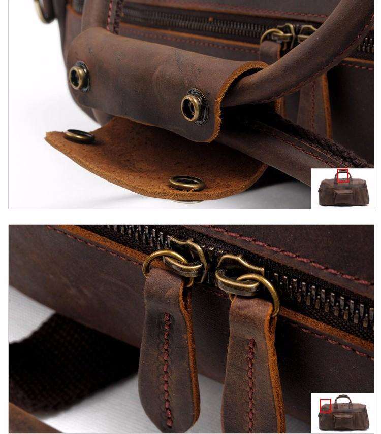 Handcrafted leather duffle bag in vintage style with adjustable strap and multiple pockets for travel