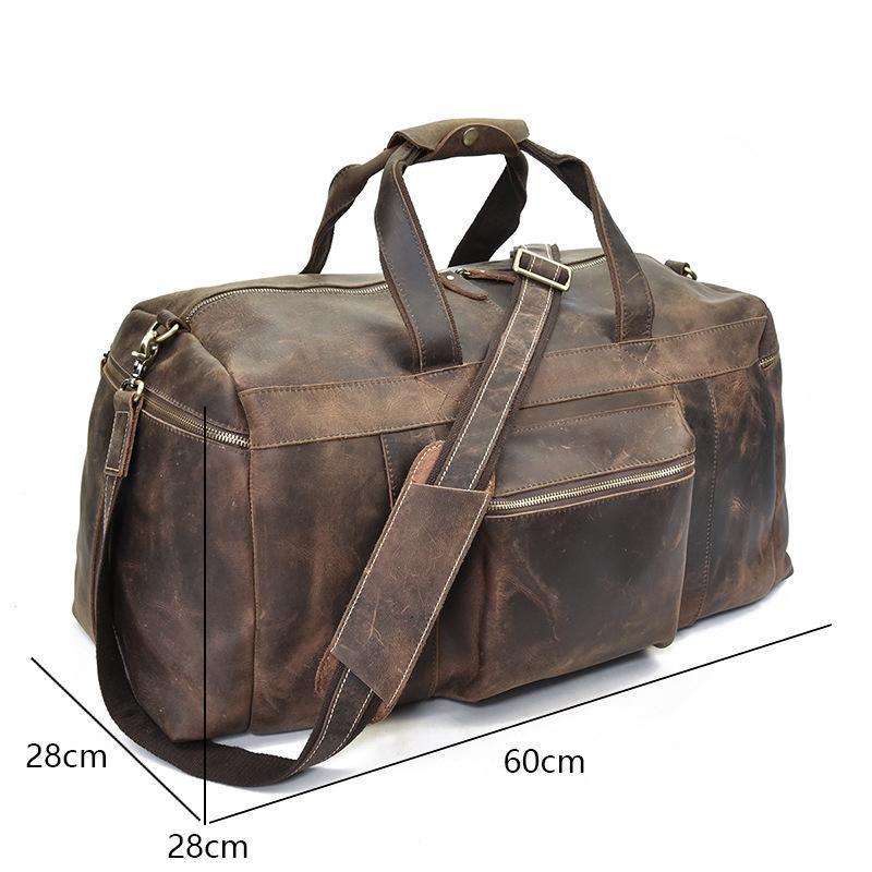 The Colden Leather Duffle Bag in vintage crazy horse leather with soft cotton lining and adjustable shoulder strap