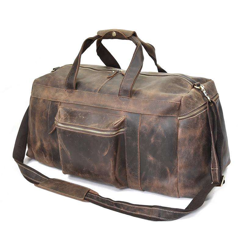 The Colden Leather Duffle Bag made of premium crazy horse leather with spacious compartments and adjustable shoulder strap