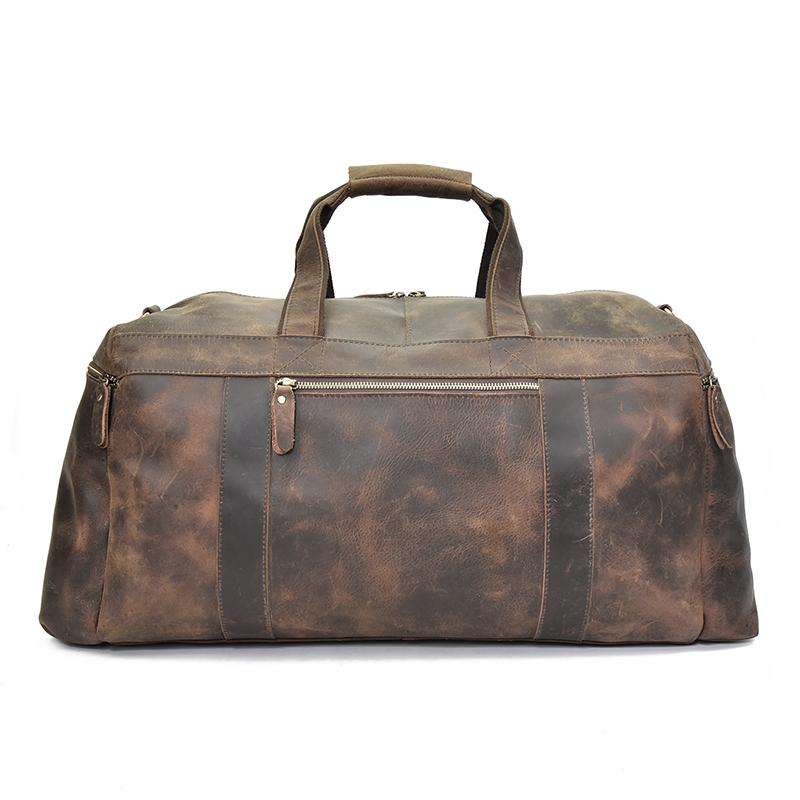 The Colden Leather Duffle Bag in premium crazy horse leather with multiple pockets and soft cotton lining for stylish travel