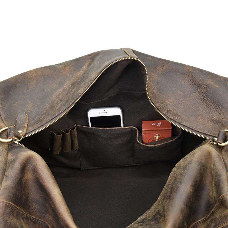 The Colden Leather Duffle Bag large capacity vintage crazy horse leather travel bag with adjustable shoulder strap and multiple pockets