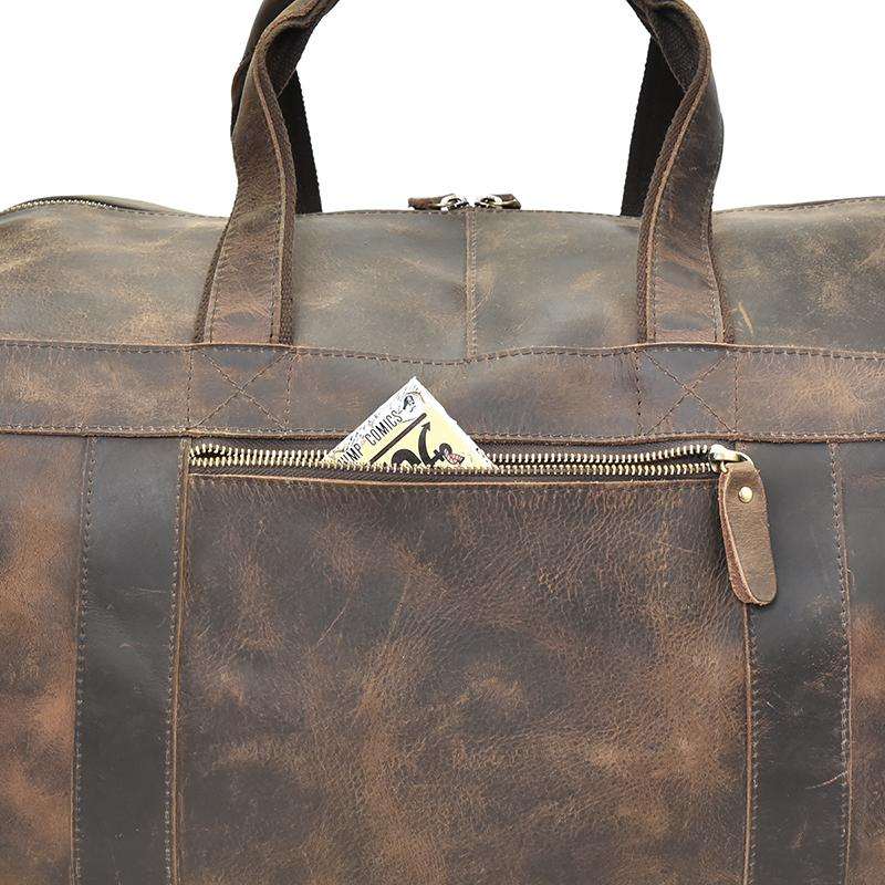 The Colden Leather Duffle Bag made from premium crazy horse leather with multiple pockets and adjustable straps for stylish travel