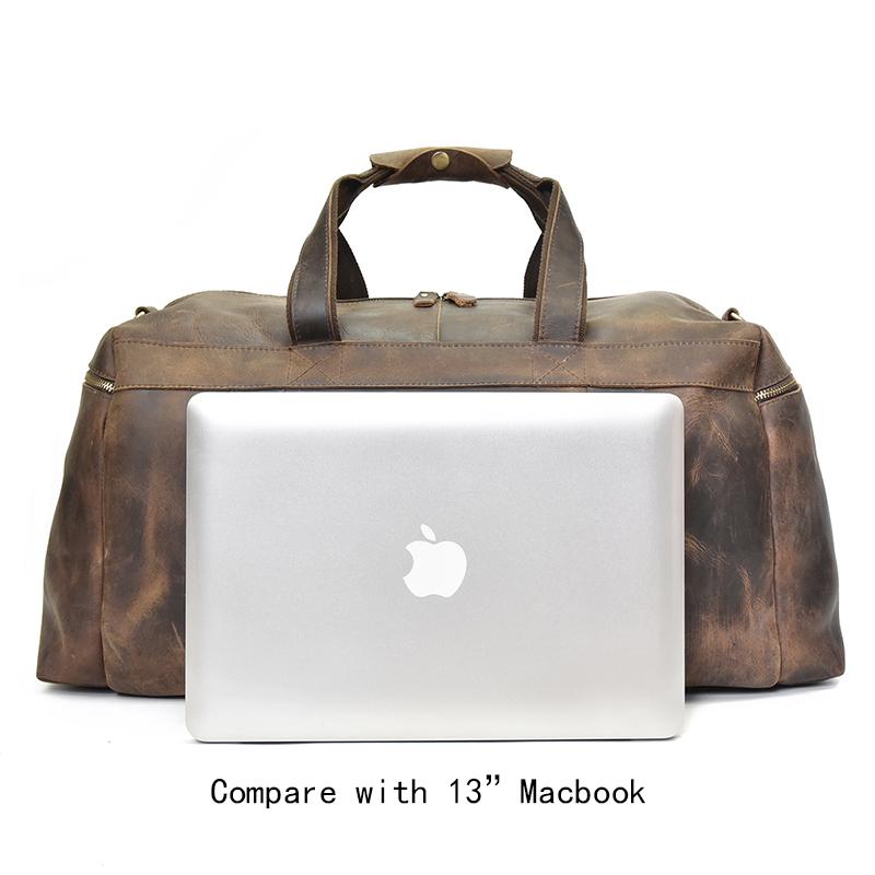 The Colden Leather Duffle Bag in premium crazy horse leather with spacious compartments and adjustable strap