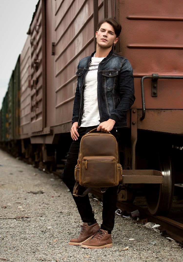 The Langley Genuine Leather Backpack in vintage brown crazy horse leather with multiple compartments and adjustable straps