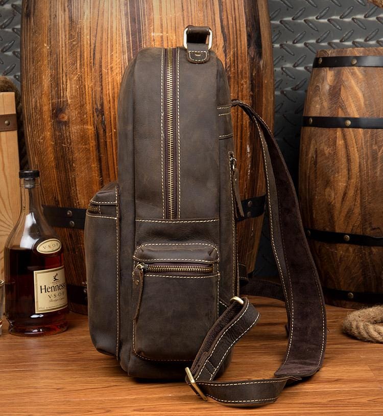 The Langley Genuine Leather Backpack in vintage brown crazy horse leather with multiple pockets and adjustable straps