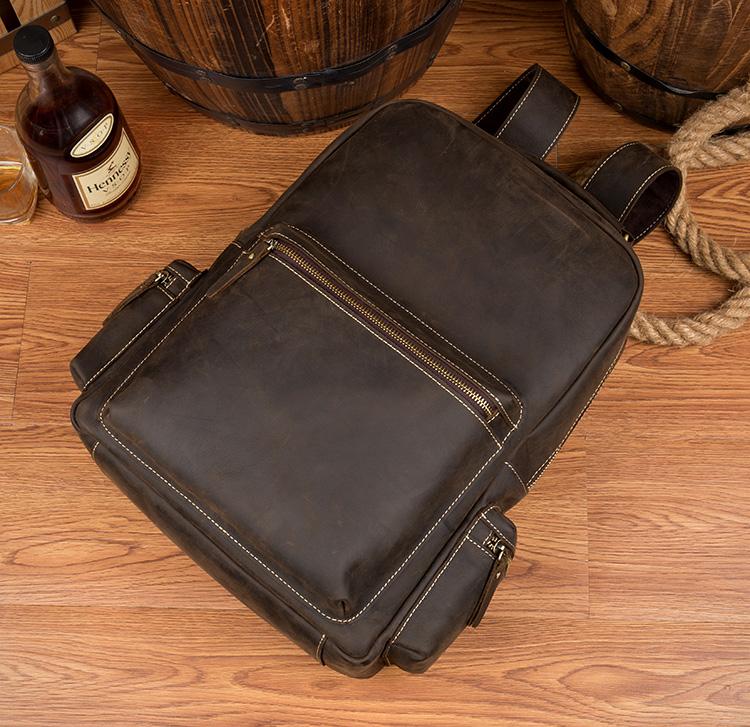 The Langley Genuine Leather Backpack in vintage brown crazy horse leather with multiple compartments and adjustable straps