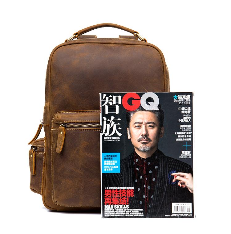 The Langley Genuine Leather Backpack in vintage brown crazy horse leather with multiple compartments and adjustable straps