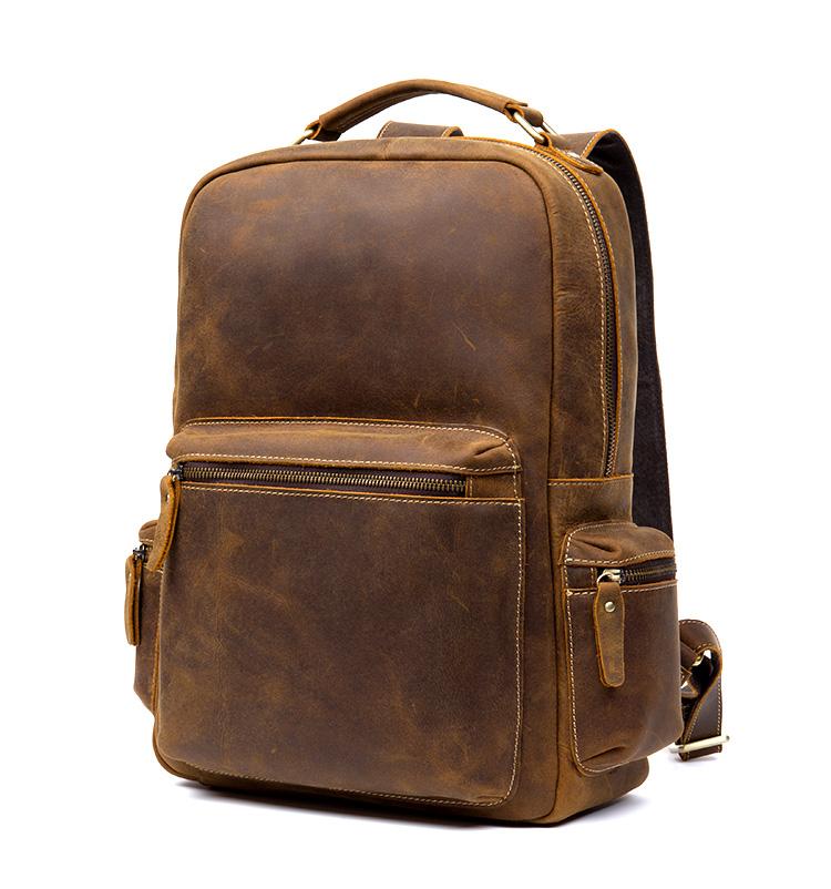 The Langley Genuine Leather Backpack in vintage brown crazy horse leather with multiple pockets and adjustable straps