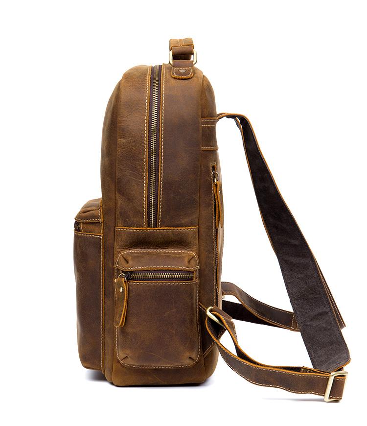 The Langley Genuine Leather Backpack in vintage brown crazy horse leather with multiple compartments and adjustable straps