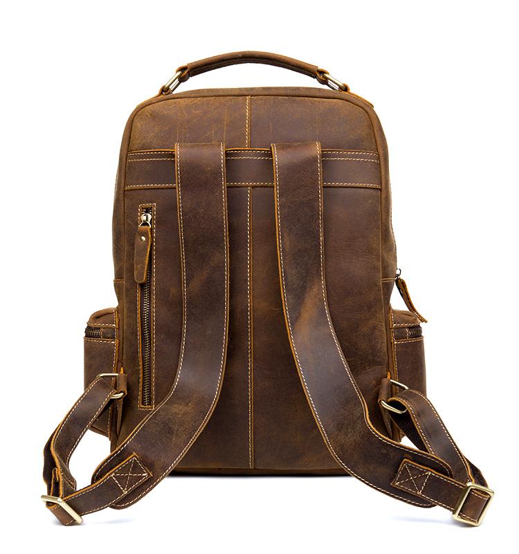 The Langley Genuine Leather Backpack in vintage brown crazy horse leather with multiple pockets and adjustable straps