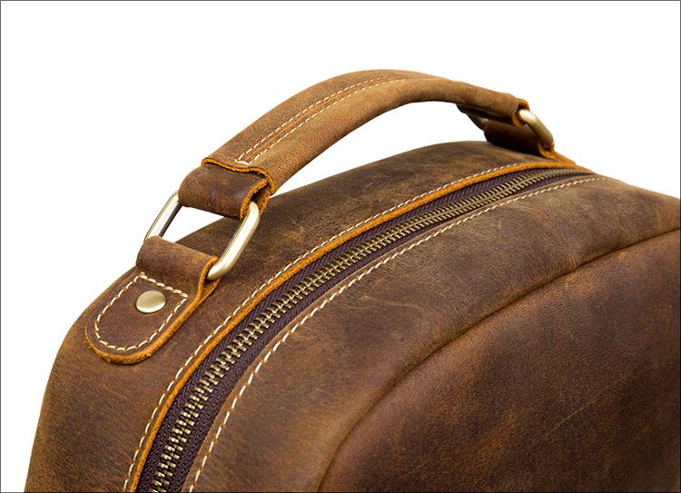 The Langley Genuine Leather Backpack in vintage brown crazy horse leather with multiple pockets and ergonomic straps