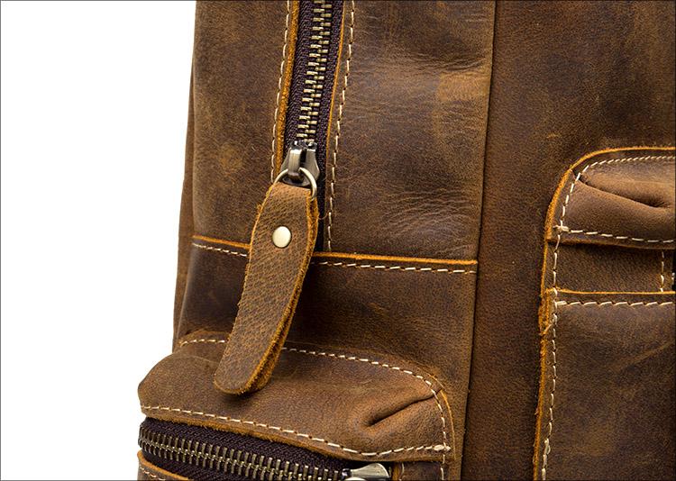 The Langley Genuine Leather Backpack in vintage brown crazy horse leather with multiple compartments and adjustable straps